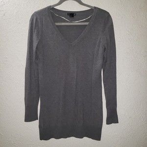HM Sz M Gray Long Sleeve V-Neck Knit Pullover Shirt Sweater Women's Stretchy Top